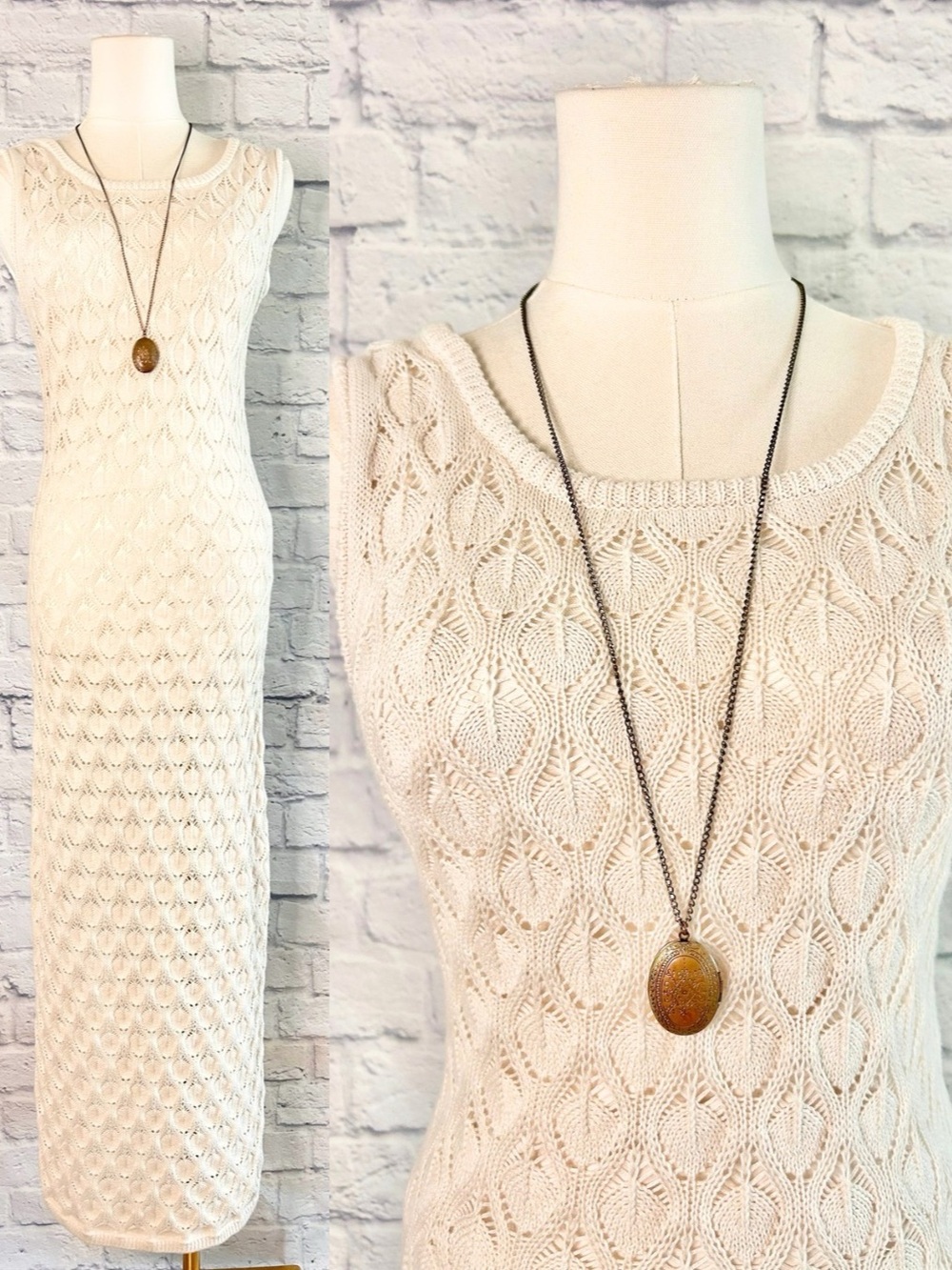 Fall Crochet Knit Maxi Dress NWT Cream Sleeveless Layering Cottagecore Boho